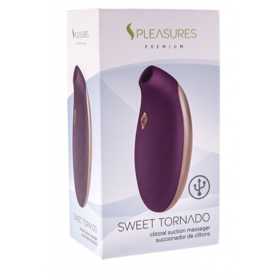 Sweet Tornado  é um sugador de clitóris roxo e dourado feito de silicone de grau médico e ABS seguro para o corpo. Possui design ergonômico e compacto que cabe perfeitamente na palma da mão, com toque muito mac