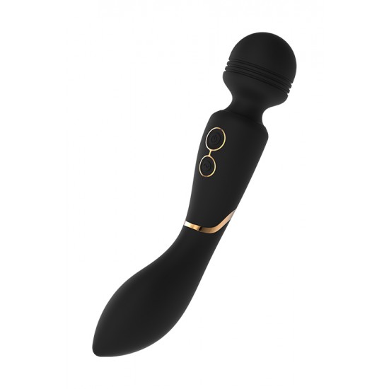 O estimulador wand Celine da coleção Elite da Dream Toys é uma varinha preta com detalhes elegantes em dourado, um cabo resistente, uma cabeça arredondada e um pescoço ligeiramente flexível. Equipado com 2 potentes motor