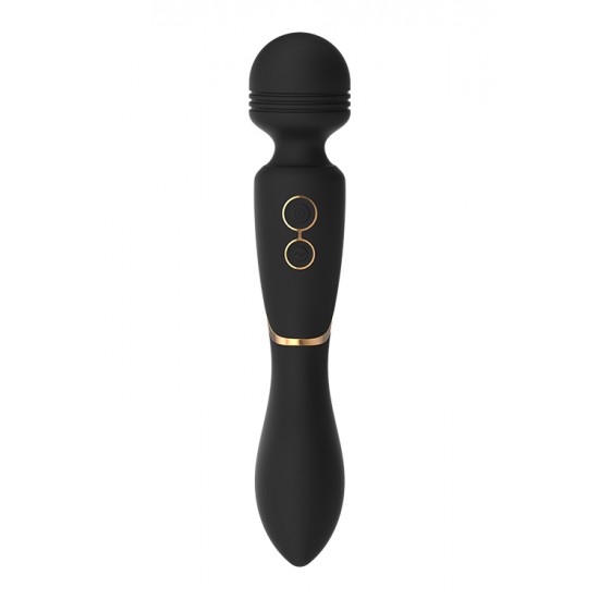 O estimulador wand Celine da coleção Elite da Dream Toys é uma varinha preta com detalhes elegantes em dourado, um cabo resistente, uma cabeça arredondada e um pescoço ligeiramente flexível. Equipado com 2 potentes motor