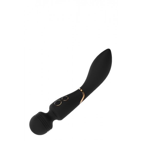 O estimulador wand Celine da coleção Elite da Dream Toys é uma varinha preta com detalhes elegantes em dourado, um cabo resistente, uma cabeça arredondada e um pescoço ligeiramente flexível. Equipado com 2 potentes motor