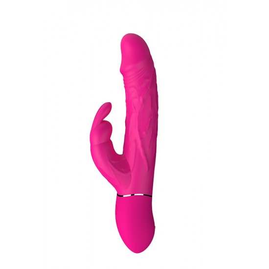 Vibrador de aspecto realista e com estimulador de clitóris em forma de coelhinho, feito a partir de silicone seguro para o corpo.Equipado com 2 motores de vibração que lhe oferecem 3 níveis de vibração constante e 6 ritm