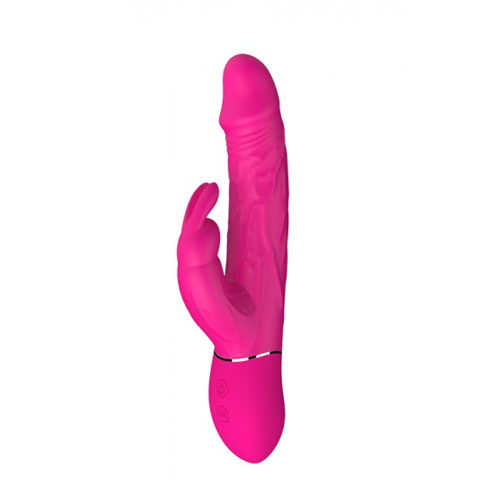 Vibrador de aspecto realista e com estimulador de clitóris em forma de coelhinho, feito a partir de silicone seguro para o corpo.Equipado com 2 motores de vibração que lhe oferecem 3 níveis de vibração constante e 6 ritm