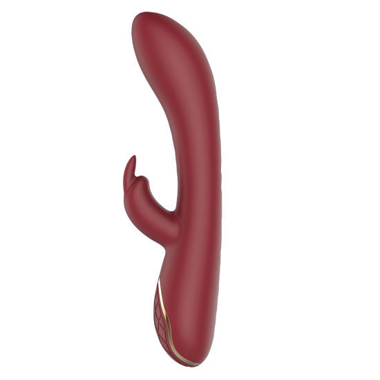 Este vibrador Romance duo com um estimulador clitoriano em forma de coelho é chamado Emily. A caixa tem o estilo romance típico: um fundo de cetim branco, detalhes dourados, imagens claras do brinquedo, uma descrição mul