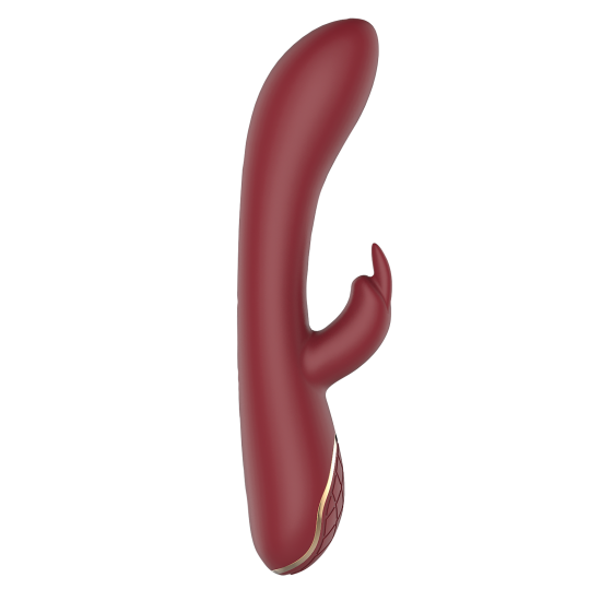 Este vibrador Romance duo com um estimulador clitoriano em forma de coelho é chamado Emily. A caixa tem o estilo romance típico: um fundo de cetim branco, detalhes dourados, imagens claras do brinquedo, uma descrição mul