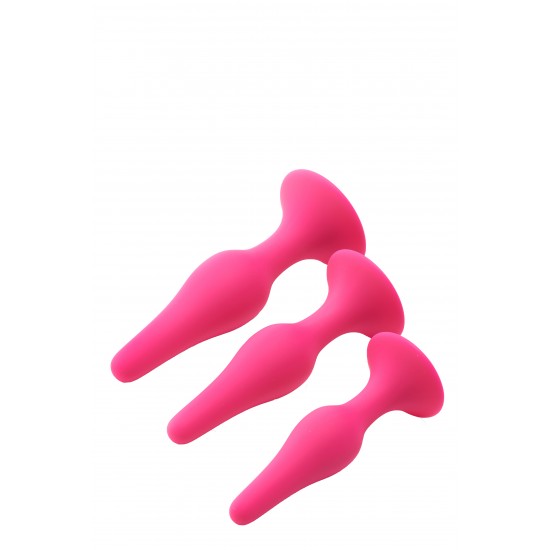 Este kit Flirts possui 3 plugues anais em 3 tamanhos. Cada plug é feito de silicone rosa macio ao toque. Um conjunto com tamanhos diferentes é perfeito para usuários que desejam variar os tamanhos dos plugues e para aque