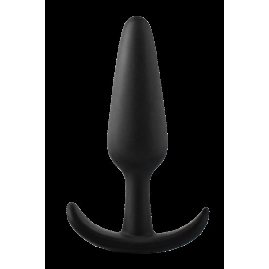 Este plug anal FantASStic é feito de silicone preto liso e macio ao toque. É o menor plug de uma série de 3 tamanhos, adequado para iniciantes que desejam experimentar o prazer anal. O plugue tem uma base em forma de ânc