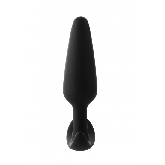 Este plug anal FantASStic é feito de silicone preto liso e macio ao toque. É o menor plug de uma série de 3 tamanhos, adequado para iniciantes que desejam experimentar o prazer anal. O plugue tem uma base em forma de ânc