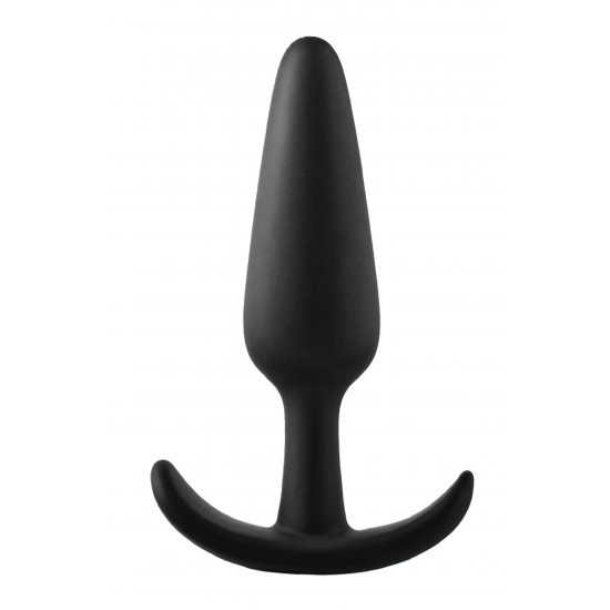 Este plug anal FantASStic é feito de silicone preto liso e macio ao toque. É o menor plug de uma série de 3 tamanhos, adequado para iniciantes que desejam experimentar o prazer anal. O plugue tem uma base em forma de ânc