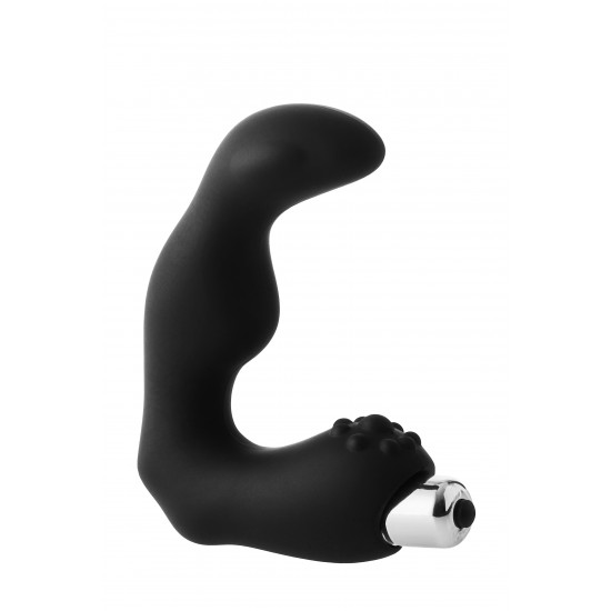 seu massageador de próstata vibratório FantASStic é feito de silicone preto liso e macio ao toque. A extremidade superior tem uma forma curva projetada para alcançar e estimular o ponto P. A extremidade inferior do estim