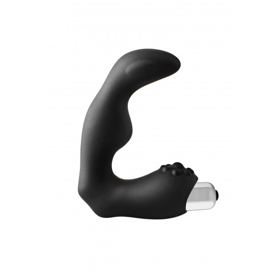 seu massageador de próstata vibratório FantASStic é feito de silicone preto liso e macio ao toque. A extremidade superior tem uma forma curva projetada para alcançar e estimular o ponto P. A extremidade inferior do estim