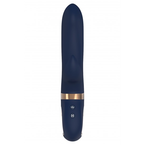 Atropos é feito de silicone azul escuro com detalhes dourados. O elegante vibrador duo tem uma alça em forma de anel com revestimento de metal que facilita o manuseio e parece luxuoso. Feito de Silicone Líquido, este vib