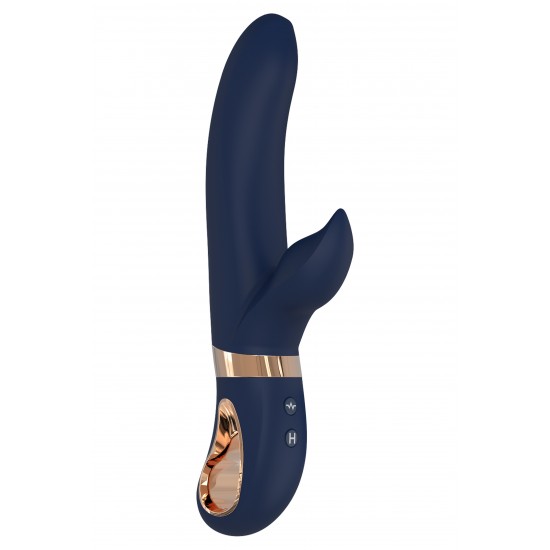 Atropos é feito de silicone azul escuro com detalhes dourados. O elegante vibrador duo tem uma alça em forma de anel com revestimento de metal que facilita o manuseio e parece luxuoso. Feito de Silicone Líquido, este vib