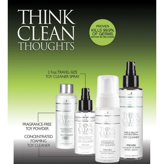 Think Clean Thoughts é um spray de limpeza antibacteriano rápido e simples de usar, contendo ingredientes antimicrobianos ativos comprovados para matar 99,9% de todas as bactérias, e é suave o suficiente para não causar