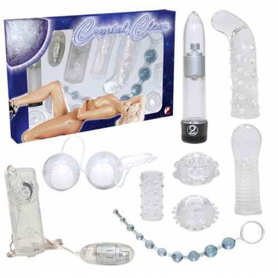 Transparência total para teus prazeres 9 Peças prazeres anais e vaginais Contem: 1 mini vibrador (13cm, Ø 2cm) uso individual ou com os acessórios 2 Acessório com estrias 3 Estimulador para o Ponto G nódulos suaves e pon