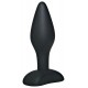 Black anal plug with tapered tip. Silky surface for frictionless stimulations. With a large base. Total length: approx. 9 cm, penetration depth: 7 cm, approx. 1 - 2.6 cm diameter. Material: silicone.