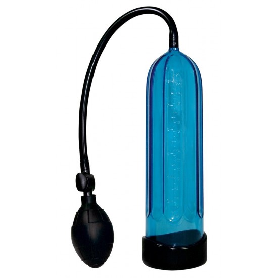 Blue-transparent penis pump with measuring scale to control your results. Create low-pressure by squeezing the handy bulb. Tube size: approx. 24 cm, 3,7-4,5 cm diameter. Includes a flexible silicone sleeve. Material: ABS