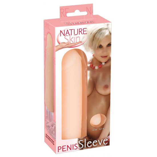 Skin-coloured penis sleeve made out of realistic Nature Skin material. Complete length 15.5 cm (3 cm of this is the extension), inner Ø 2 cm (very flexible), outer Ø 4 cm. Material: TPR, phthalate-free according to EU Re