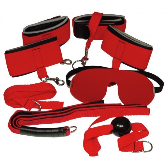 Conjunto Bondage: máscara de olho acolchoado, mordaça da boca em uma corda ajustável 60 centímetros, couro mini-chicote e quatro algemas conjuntas acolchoados. Em cada um deles uma fita ajustável. Material: Polipropileno