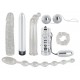 7-pieces love toy set, silver-coloured. Content: flexible anal wand (28 cm, Ø 0.7-3 cm) vibrator (17.5 cm, Ø 2.5 cm) penis dildo (15.5 cm, Ø 3 cm) pleasure sleeve with pointed G-spot tip for vibrator (15 cm) double peni