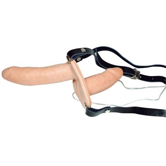 Da cor da pele strap-on duo com um cinto de couro preto destacável artificial e dois em forma de pênis vibradores de látex. Big vibrador: 15 cm de comprimento, Ø ca. 3,5 cm. Pequeno vibrador: 10 cm de comprimento, Ø ca.