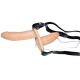 Da cor da pele strap-on duo com um cinto de couro preto destacável artificial e dois em forma de pênis vibradores de látex. Big vibrador: 15 cm de comprimento, Ø ca. 3,5 cm. Pequeno vibrador: 10 cm de comprimento, Ø ca.