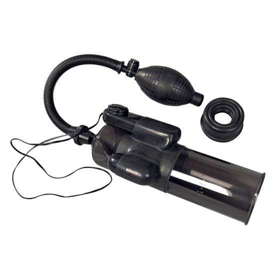 Smoke grey penis pump with a measuring scale up to 20 cm. With three cuffs of different size (Ø 2.3, 2.7 and 3.1 cm). All cuffs elastic. Total length of the cylinder: 23 cm, Ø 5.5 cm. Hose with pump ball, outlet valve,