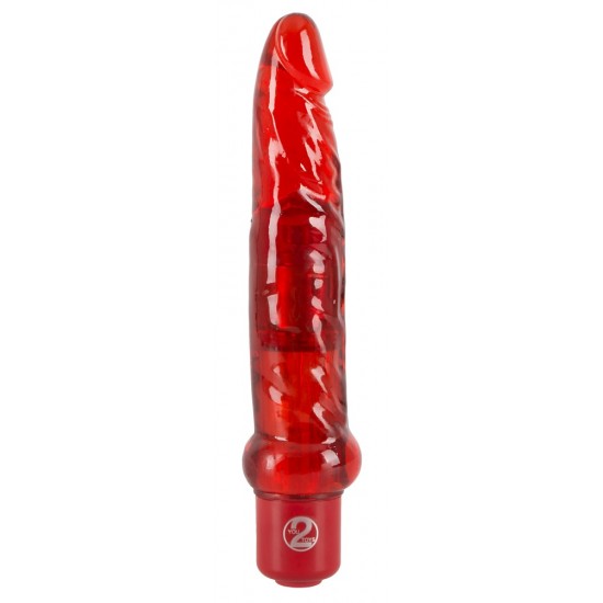 Vibrador anal vermelha na forma do pênis com vibração multi-velocidade. Comprimento 17,5 centímetros, Ø 2,5 cm. Material: TPE. (Encomendar baterias separadamente: 1 x AA) .