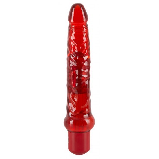 Vibrador anal vermelha na forma do pênis com vibração multi-velocidade. Comprimento 17,5 centímetros, Ø 2,5 cm. Material: TPE. (Encomendar baterias separadamente: 1 x AA) .