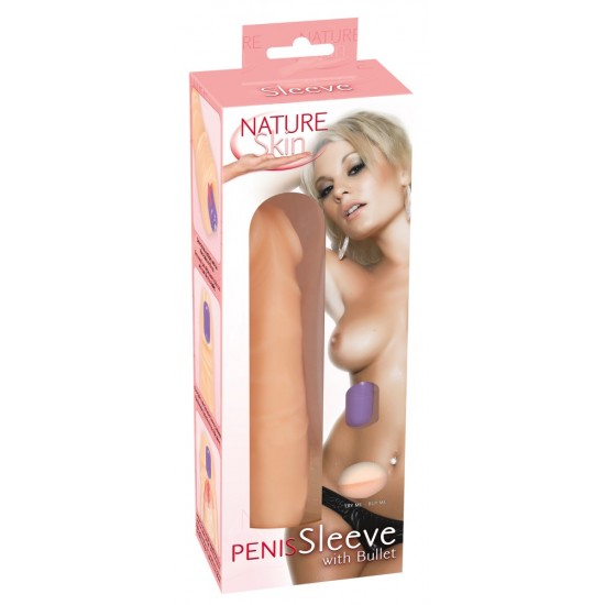 Skin-coloured penis sleeve made out of Nature Skin. With pronounced glans and veins. With a grooved pleasure tunnel and a removable vibro-bullet with Touch Control. The bullet is placed inside the sleeve (at the tip) and