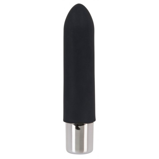 Black mini vibrator with 10 vibration modes at the push of a button. It can be recharged with the included USB cable. Complete length 9.6 cm, insertion depth 7.6 cm, Ø 2 cm. Material: silicone with a polyurethane coating