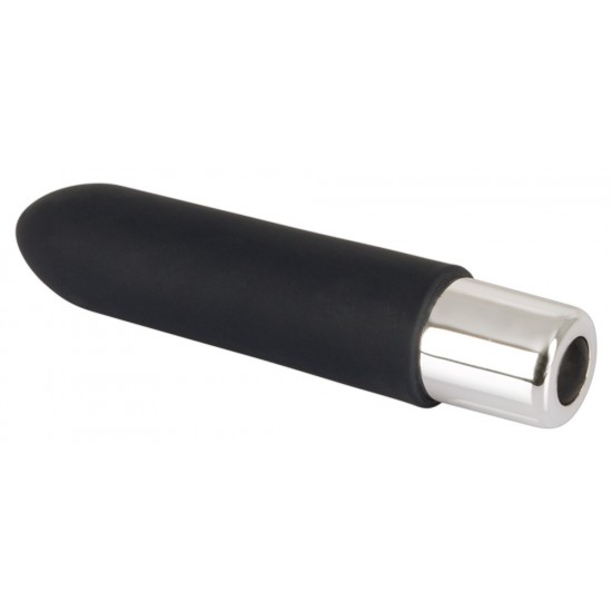 Black mini vibrator with 10 vibration modes at the push of a button. It can be recharged with the included USB cable. Complete length 9.6 cm, insertion depth 7.6 cm, Ø 2 cm. Material: silicone with a polyurethane coating