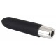 Black mini vibrator with 10 vibration modes at the push of a button. It can be recharged with the included USB cable. Complete length 9.6 cm, insertion depth 7.6 cm, Ø 2 cm. Material: silicone with a polyurethane coating