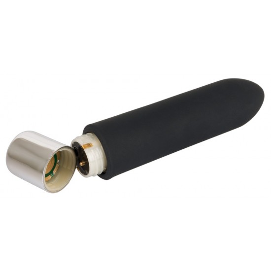 Black mini vibrator with 10 vibration modes at the push of a button. It can be recharged with the included USB cable. Complete length 9.6 cm, insertion depth 7.6 cm, Ø 2 cm. Material: silicone with a polyurethane coating