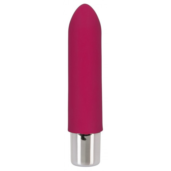 Berry-coloured mini vibrator with 10 vibration modes at the push of a button. It can be recharged with the included USB cable. Complete length 9.6 cm, insertion depth 7.6 cm, Ø 2 cm. Material: silicone with a polyurethan