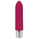 Berry-coloured mini vibrator with 10 vibration modes at the push of a button. It can be recharged with the included USB cable. Complete length 9.6 cm, insertion depth 7.6 cm, Ø 2 cm. Material: silicone with a polyurethan