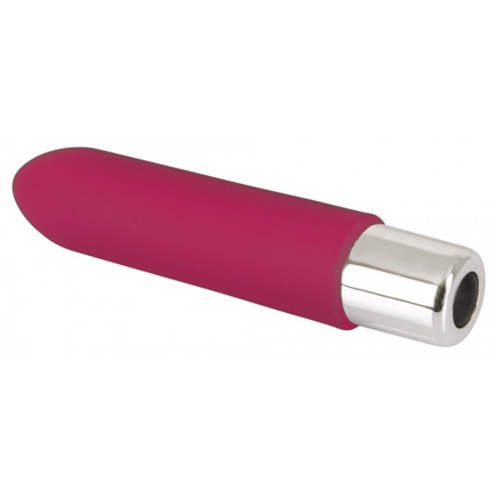 Berry-coloured mini vibrator with 10 vibration modes at the push of a button. It can be recharged with the included USB cable. Complete length 9.6 cm, insertion depth 7.6 cm, Ø 2 cm. Material: silicone with a polyurethan