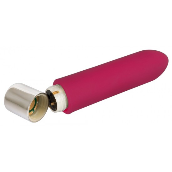 Berry-coloured mini vibrator with 10 vibration modes at the push of a button. It can be recharged with the included USB cable. Complete length 9.6 cm, insertion depth 7.6 cm, Ø 2 cm. Material: silicone with a polyurethan