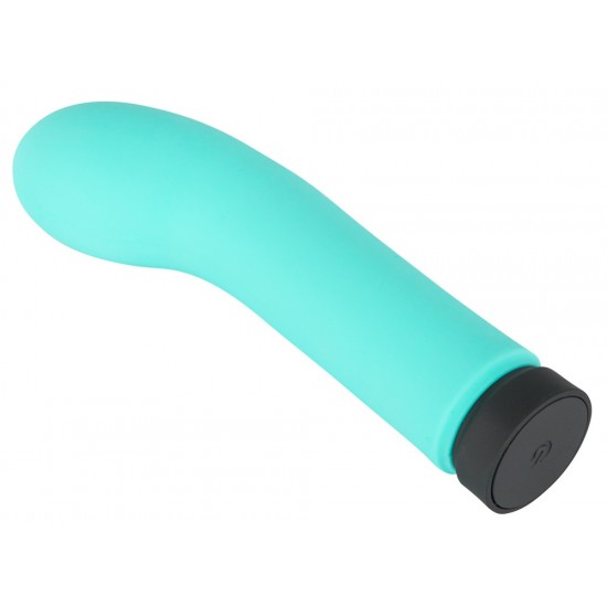 Turquoise, G-spot vibrator in a straight shape with a curved, thick head. With 10 powerful vibration modes at the push of a button. It can be recharged with the included USB cable. Complete length 12 cm, insertion depth