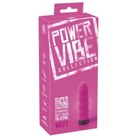 Straight pink vibrator with a wavy shaft. 10 powerful vibration modes at the push of a button. It can be recharged with the included USB cable. Complete length 9.7 cm, insertion depth 8 cm, Ø 2.3-2.6 cm. Material: silico