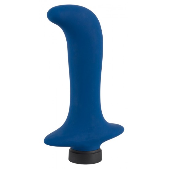 Straight, dark blue prostate vibrator with a curved tip and retraction handle. 10 powerful vibration modes at the push of a button. It can be recharged with the included USB cable. Complete length 12.8 cm, insertion dept