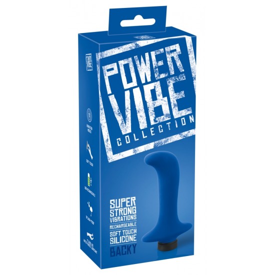 Straight, dark blue prostate vibrator with a curved tip and retraction handle. 10 powerful vibration modes at the push of a button. It can be recharged with the included USB cable. Complete length 12.8 cm, insertion dept