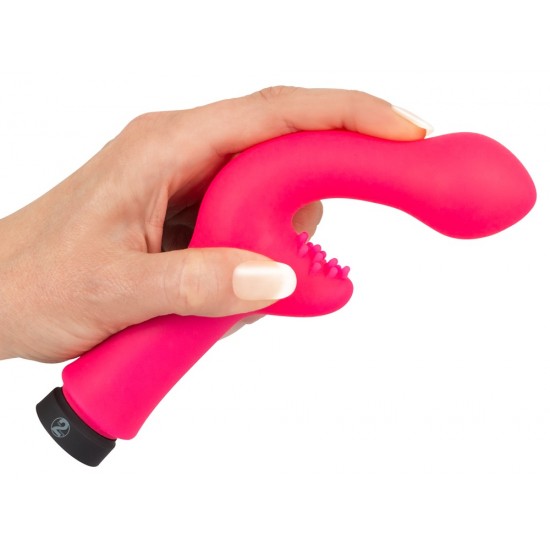 Straight neon pink vibrator with a ball-shaped head and a dotted surface for clitoral stimulation. 10 powerful vibration modes at the push of a button. It can be recharged with the included USB cable. Complete length 18