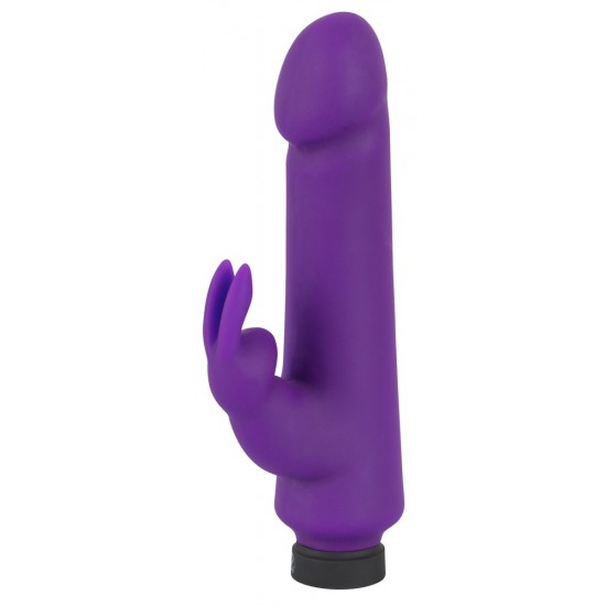 Straight purple vibrator with a tip in the shape of glans and a rabbit-shaped clit tickler with flexible ears. With 10 powerful vibration modes at the push of a button. It can be recharged with the included USB cable. Co