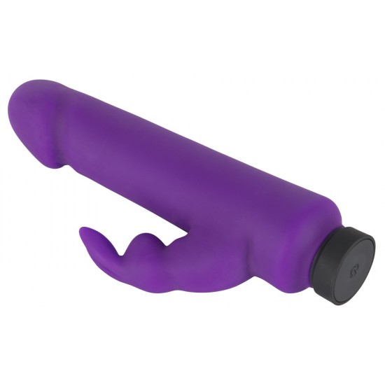 Straight purple vibrator with a tip in the shape of glans and a rabbit-shaped clit tickler with flexible ears. With 10 powerful vibration modes at the push of a button. It can be recharged with the included USB cable. Co