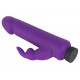 Straight purple vibrator with a tip in the shape of glans and a rabbit-shaped clit tickler with flexible ears. With 10 powerful vibration modes at the push of a button. It can be recharged with the included USB cable. Co