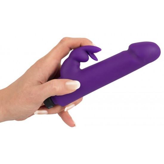 Straight purple vibrator with a tip in the shape of glans and a rabbit-shaped clit tickler with flexible ears. With 10 powerful vibration modes at the push of a button. It can be recharged with the included USB cable. Co