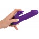 Straight purple vibrator with a tip in the shape of glans and a rabbit-shaped clit tickler with flexible ears. With 10 powerful vibration modes at the push of a button. It can be recharged with the included USB cable. Co