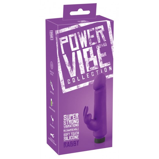 Straight purple vibrator with a tip in the shape of glans and a rabbit-shaped clit tickler with flexible ears. With 10 powerful vibration modes at the push of a button. It can be recharged with the included USB cable. Co