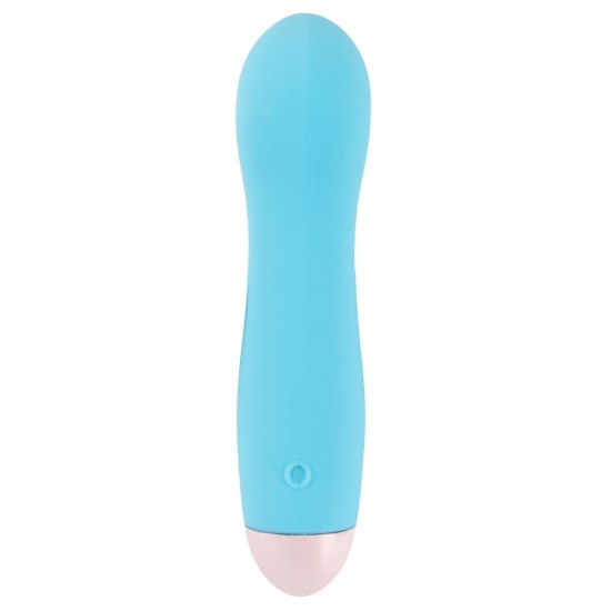 Mini vibrador azul com reentrância côncava na haste. Tem 7 modos de vibração diferentes e pode ser recarregado com o cabo USB incluído. Fácil de usar e com um design elegante. À prova dágua. Comprimento total 12,9 cm,