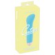 Mini vibrador azul com reentrância côncava na haste. Tem 7 modos de vibração diferentes e pode ser recarregado com o cabo USB incluído. Fácil de usar e com um design elegante. À prova dágua. Comprimento total 12,9 cm,